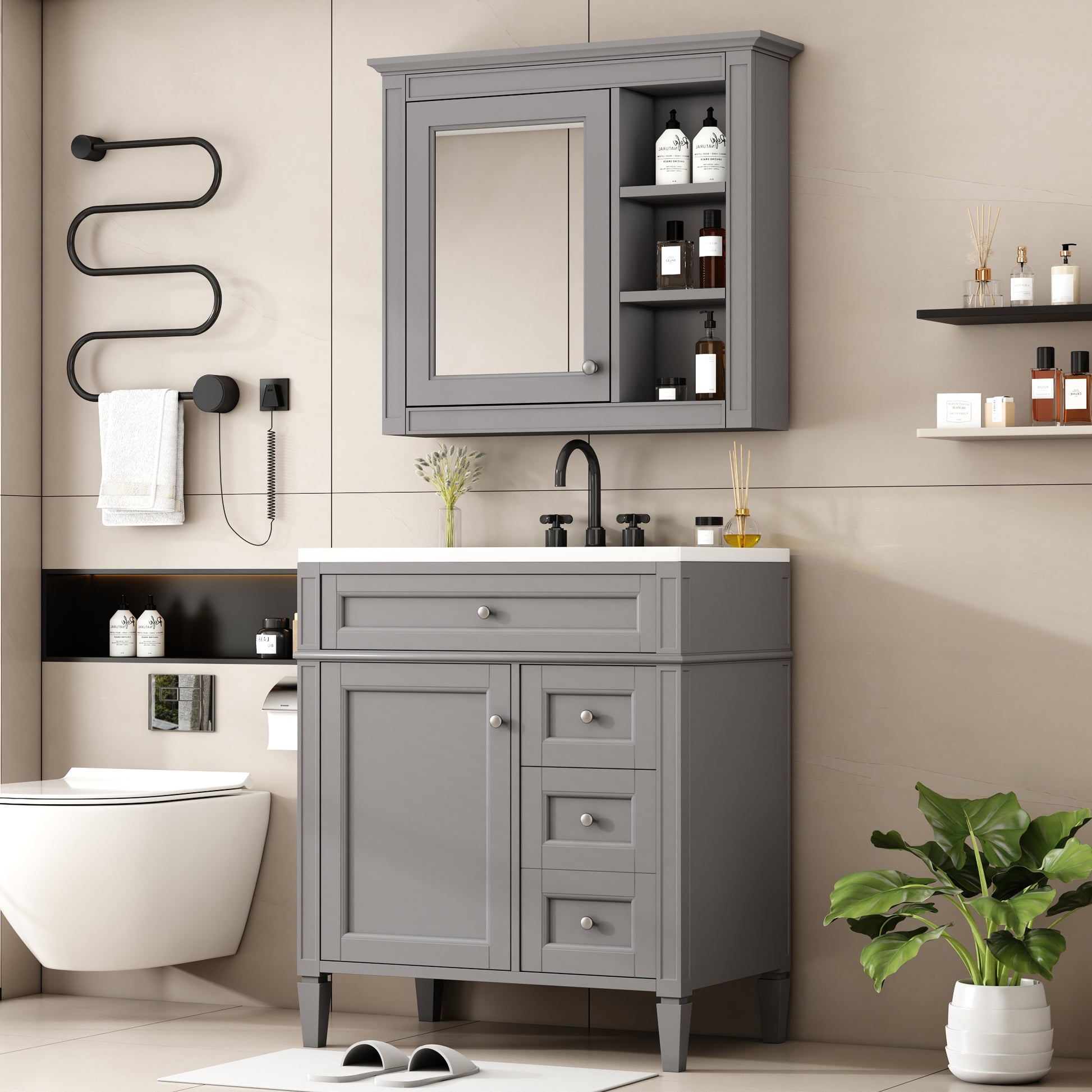 30'' Bathroom Vanity With Top Sink, Modern Bathroom Storage Cabinet With 2 Drawers And A Tip Out Drawer, Freestanding Vanity Set With Mirror Cabinet, Single Sink Bathroom Vanity 3 Grey Bathroom Solid Wood Mdf Resin Painted