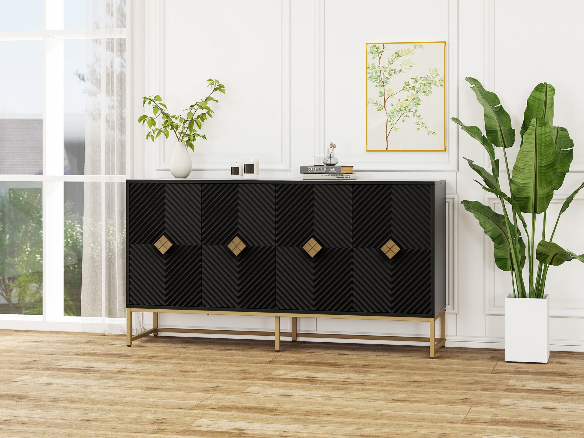 Carved 4 Door Sideboard ,Sideboard Buffet Cabinet With Storage ,Modern Coffee Bar Cabinet With Adjustable Shelf For Living Room,Diningroom,Kitchen Black Particle Board Mdf