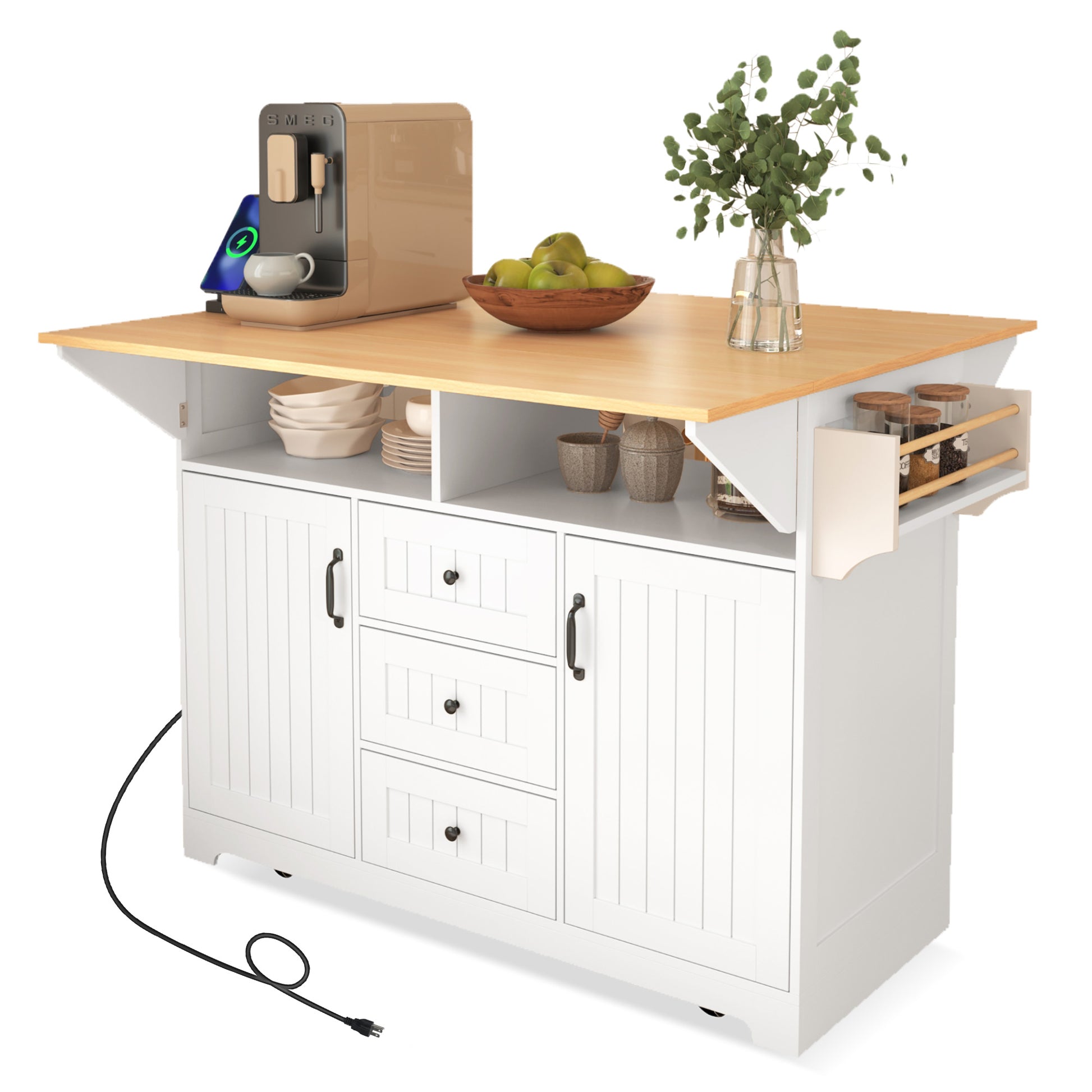 K&K 55.7'' Large Kitchen Island With 2 Drop Leaf, Rolling Kitchen Cart On 5 Wheels With Power Outlet, Folding Storage Dining Table With Spice & Towel Rack3 Drawers, For Kitchen, Dining Room,White White White Kitchen Classic,Farmhouse,Luxury,Modern