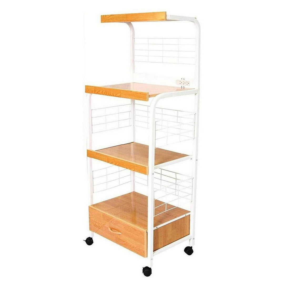 59.5" Tall 3 Tier Microwave Kitchen Cart With Drawer And Outlet, White And Natural Natural White Metal