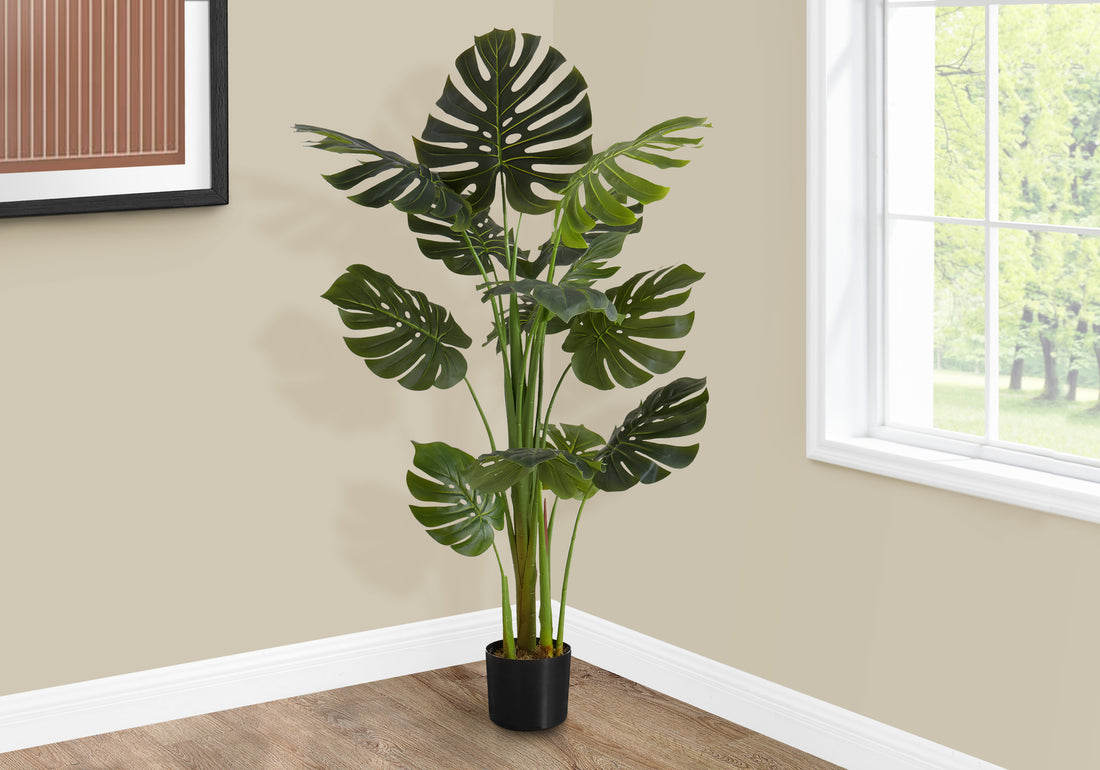 Artificial Plant, 55" Tall, Monstera Tree, Indoor, Faux, Fake, Floor, Greenery, Potted, Real Touch, Decorative, Green Leaves, Black Pot Green Plastic