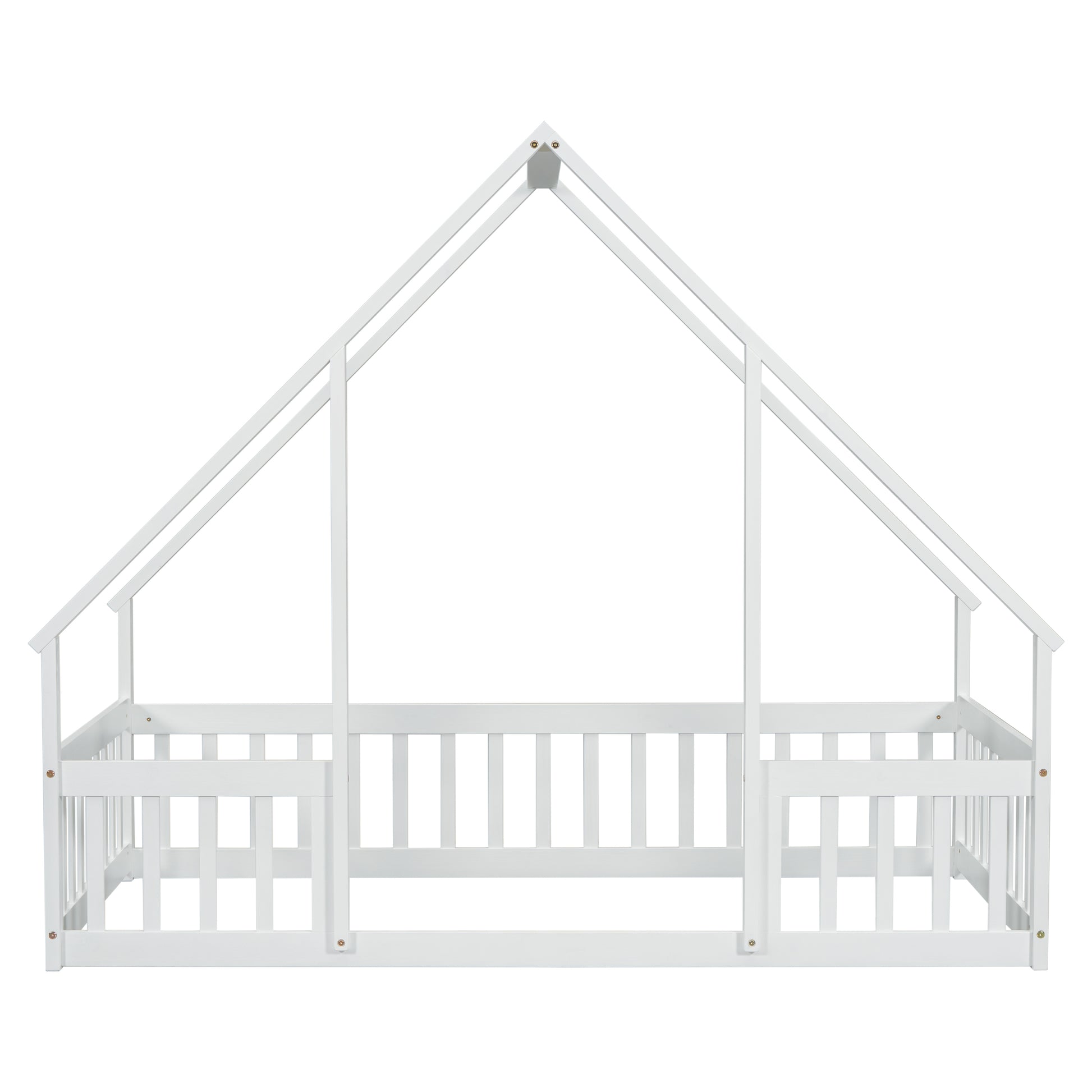 Twin Wood House Shaped Floor Bed With Fence, Guardrails ,White Twin White American Design Pine