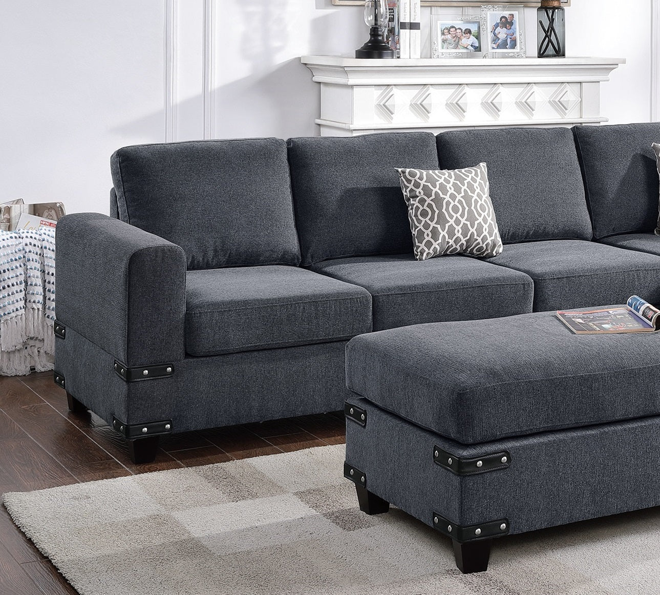 Living Room Furniture Charcoal Chenille Sectional W Ottoman Linen Like Fabric Sofa Reversible L R Chaise Ottoman 3Pc Sectional Sofa Charcoal Chenille Wood Primary Living Space Cushion Back