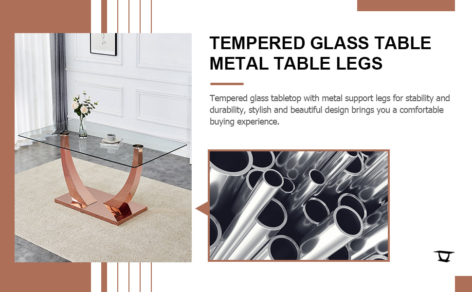 Modern Minimalist Rectangular Glass Dining Table, 0.4 "Thick, Tempered Glass Tabletop, Rose Gold Colored Legs. Used In Kitchen, Dining Room, And Living Room 63" * 31.5 "* 29.5" F 1548 Rose Gold Glass
