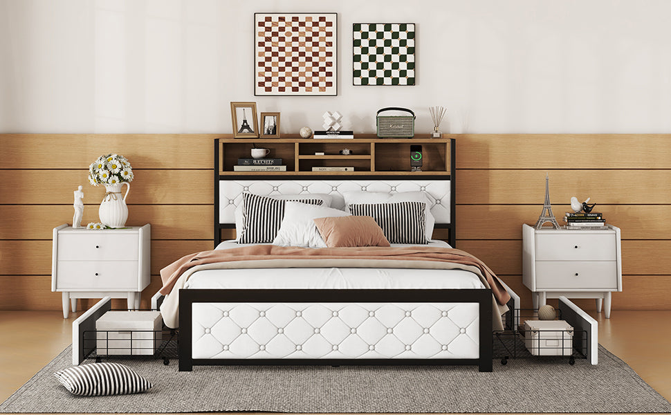 Metal Full Size Platform Bed With 4 Drawers, Upholstered Headboard And Footboard, Sockets And Usb Ports, White Full White Black Fabric Metal
