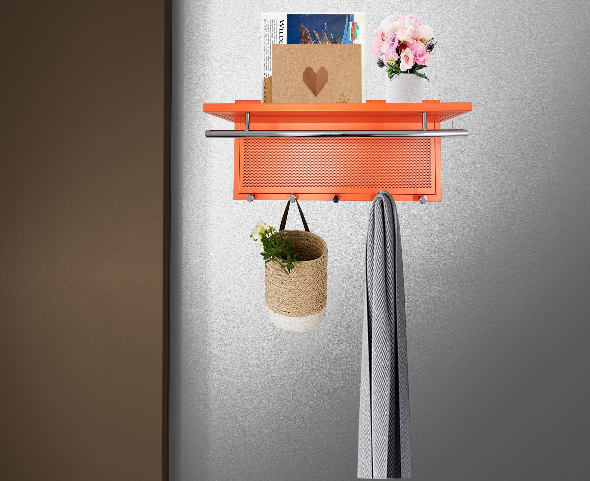 Esyspot Metal Powder Coating Hook Wall Mounted With Shelf In Orange Chrome,Orange Bedroom Contemporary Chrome Metal