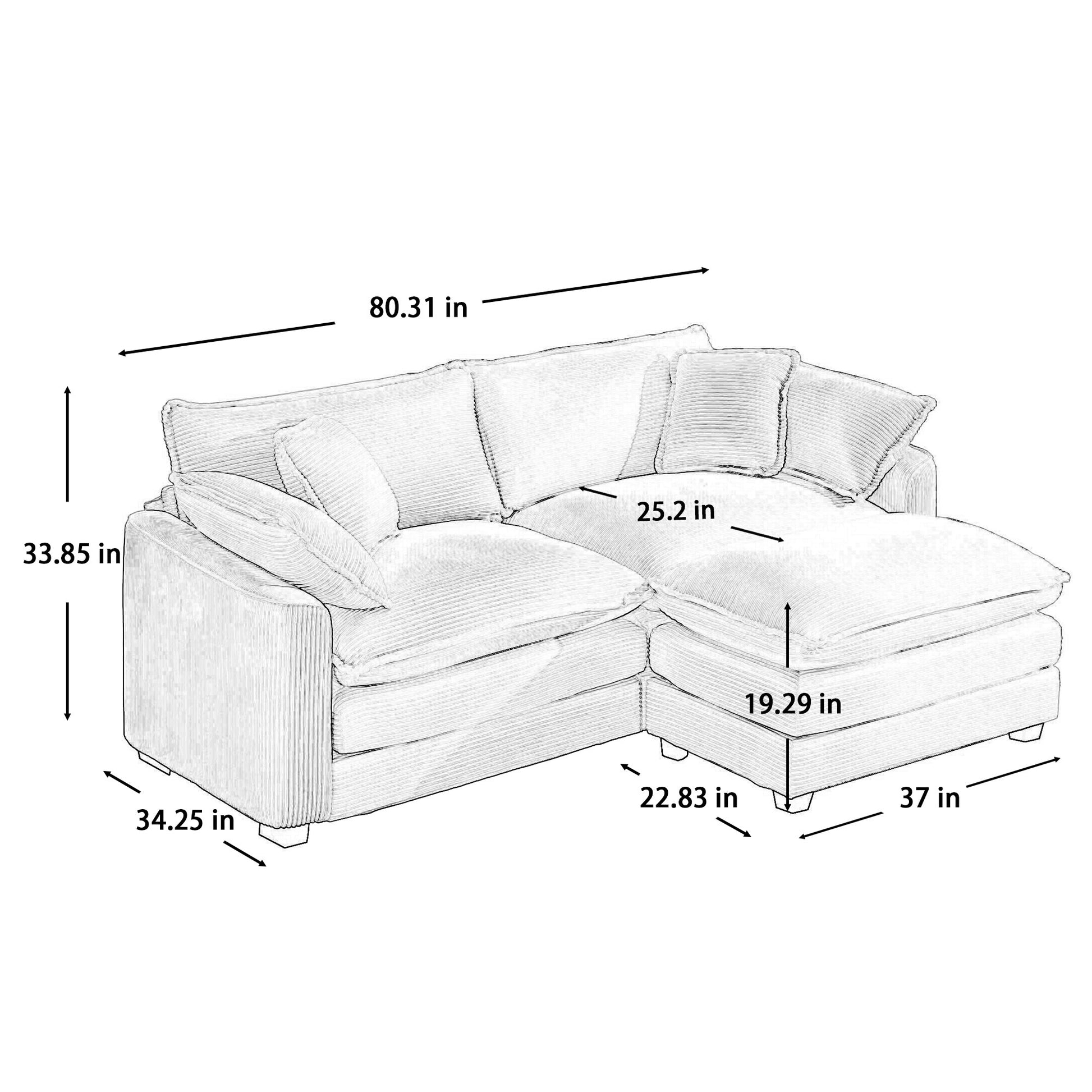 Corduroy Two Seater Sofa With 1 Footrest, L Shaped 2 Seater Sofa With Ottoman For Small Living Spaces, Grey Corduroy Sofa Grey Corduroy 2 Seat