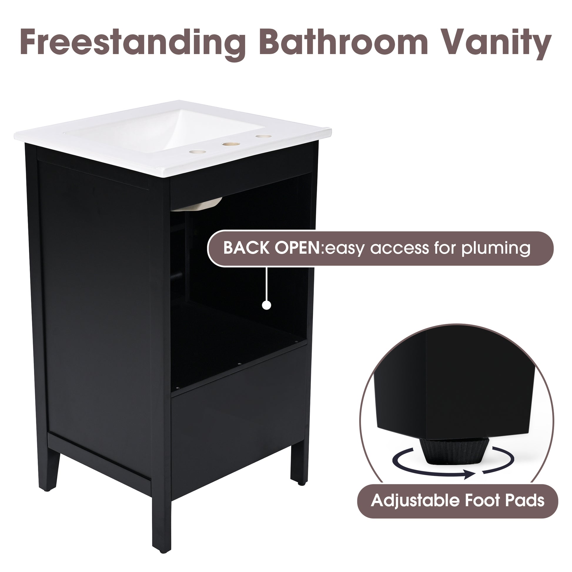 20" Bathroom Vanity With Sink, Bathroom Cabinet With A Door, Door Shelf Storage And Adiustable Foot Pads, A Drawer, Black Black Solid Wood Mdf