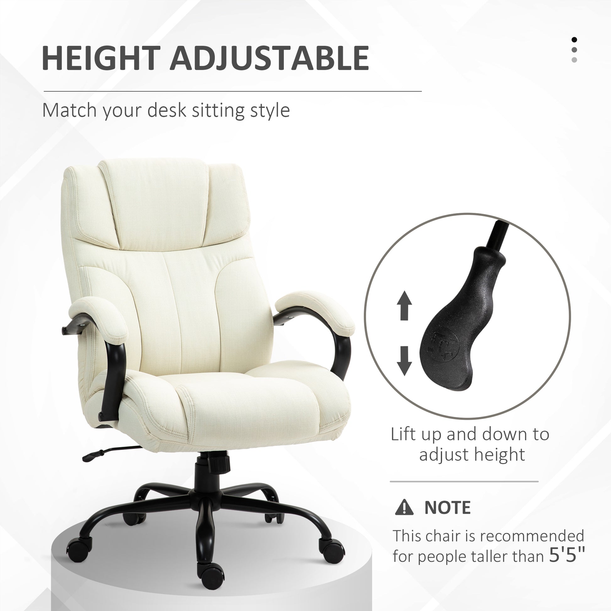 Vinsetto 500Lbs Big And Tall Office Chair With Wide Seat, Executive Computer Chair With Adjustable Height, Swivel Wheels And Linen Finish, Cream White Cream White Linen