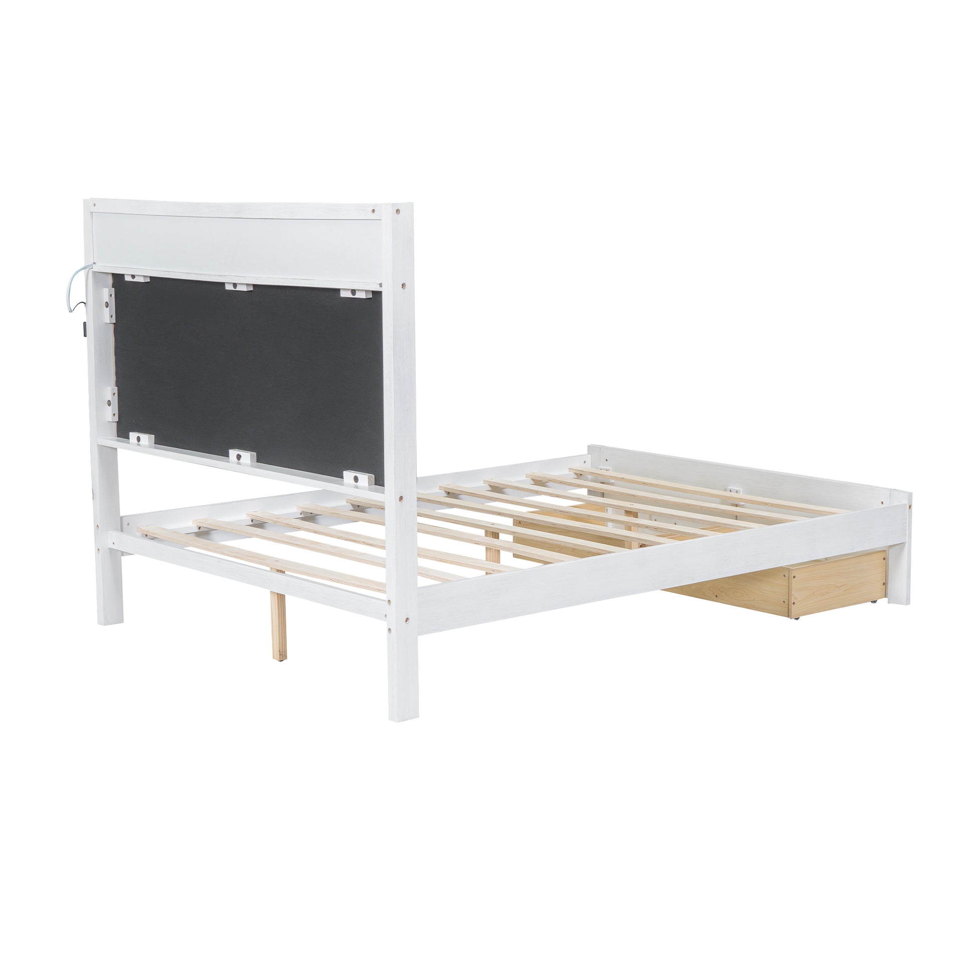 Wood Full Size Platform Bed With Upholstered Headboard And Led And 2 Drawers, Antique White Box Spring Not Required Full Antique White Wood Bed Frame Solid Wood Mdf