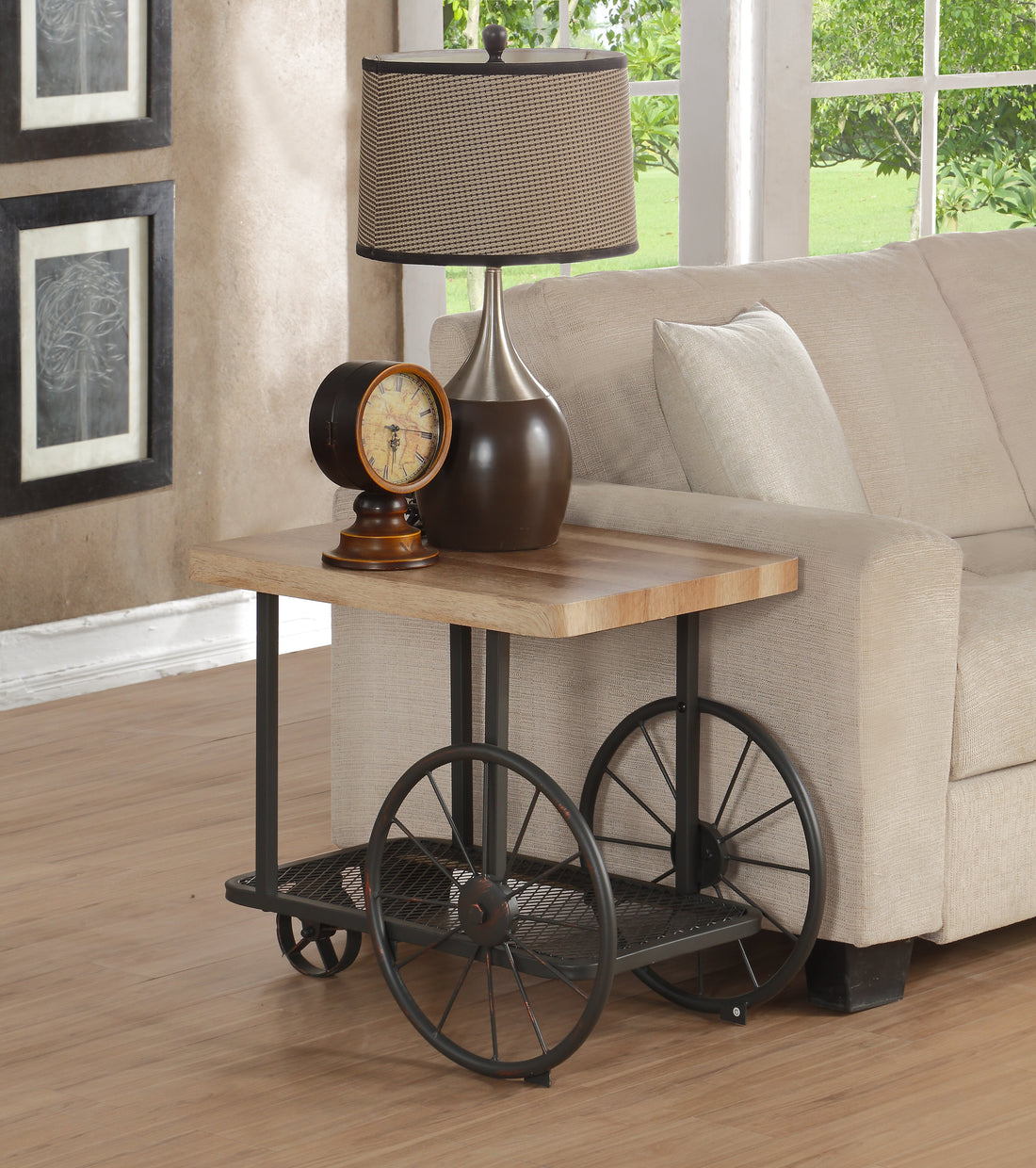 Oak And Antique Grey End Table With Shelf Oak Primary Living Space Industrial Shelves Rectangular Wood Metal