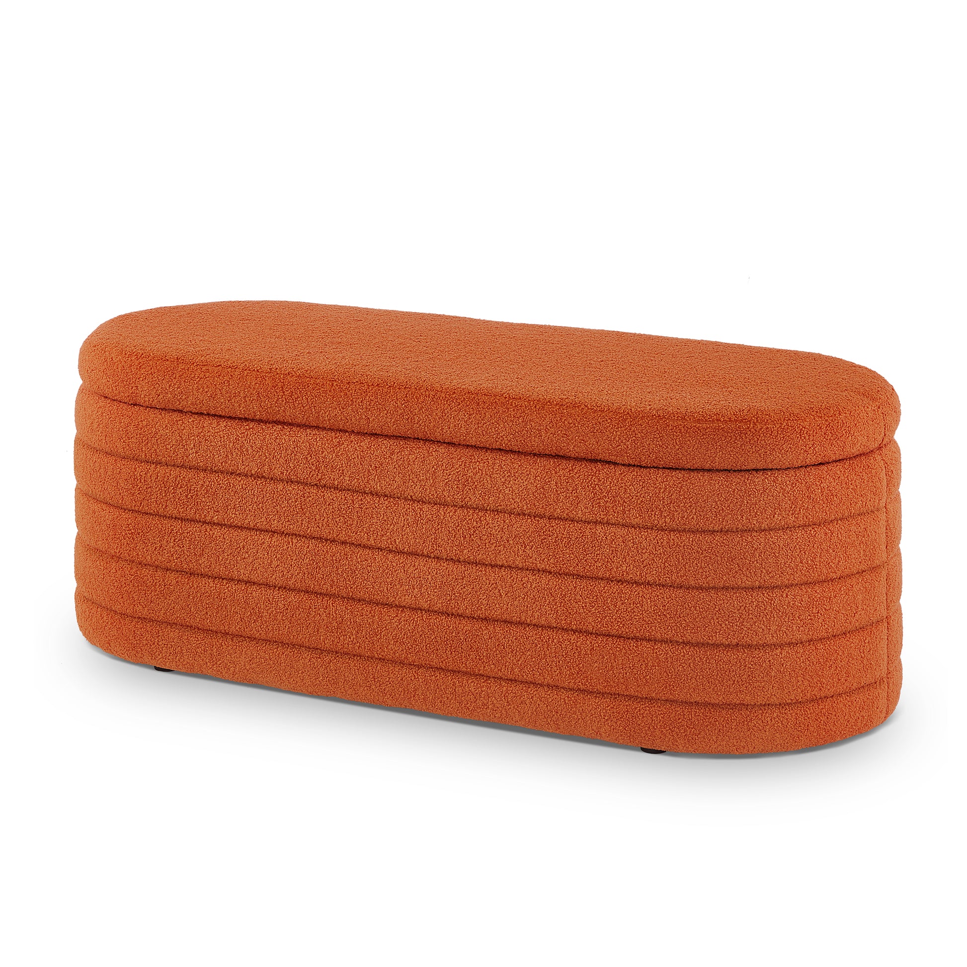 Modern Oval Storage Ottoman Bench, Upholstered Boucle Teddy Fabric End Of Bed Bench With Storage, End Of Bed Stool With Safety Hinge For Bedroom, Living Room, Entryway, Orange Orange Primary Living Space Oval Black American Design,Contemporary,Luxury,Mid