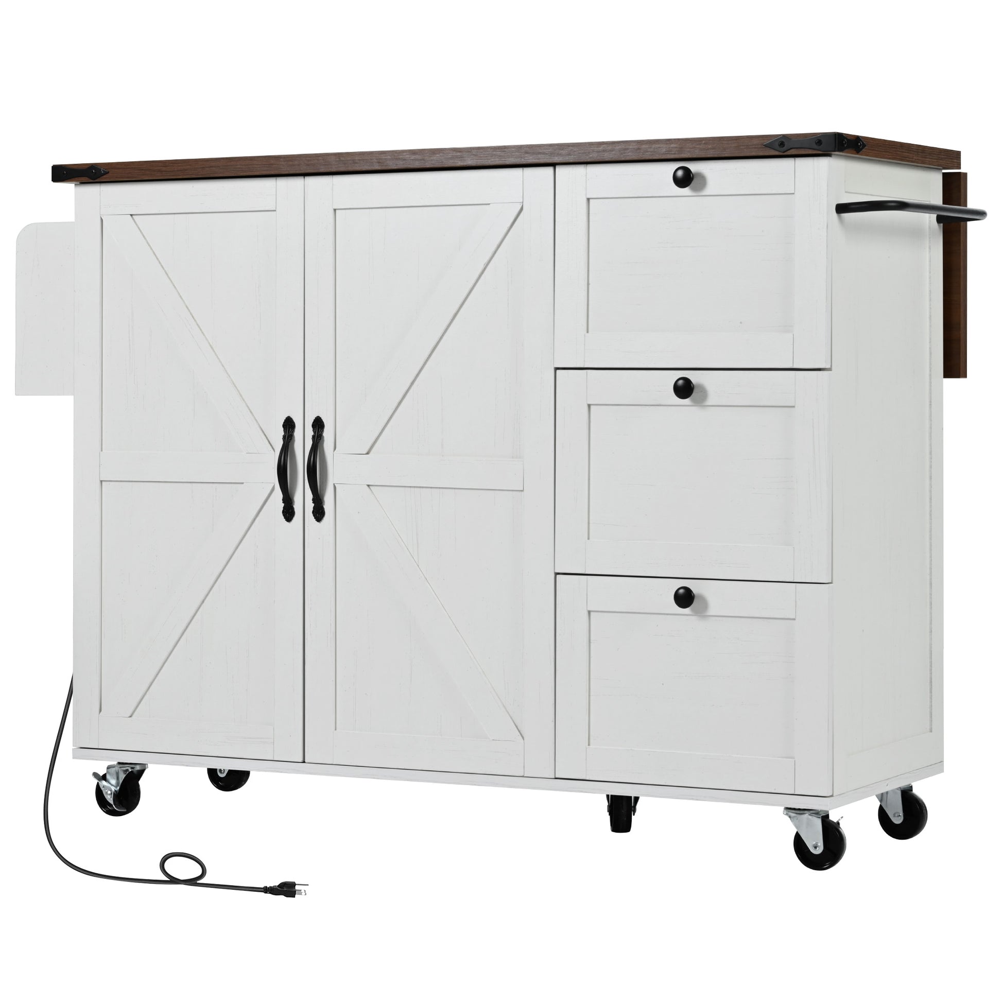 K&K 54.5" Farmhouse Kitchen Island With Power Outlet, Kitchen Storage Island With Internal Storage Rack, Drop Leaf, Spice Rack, Rolling Kitchen Cart On Wheels, For Home, Kitchen And Dining