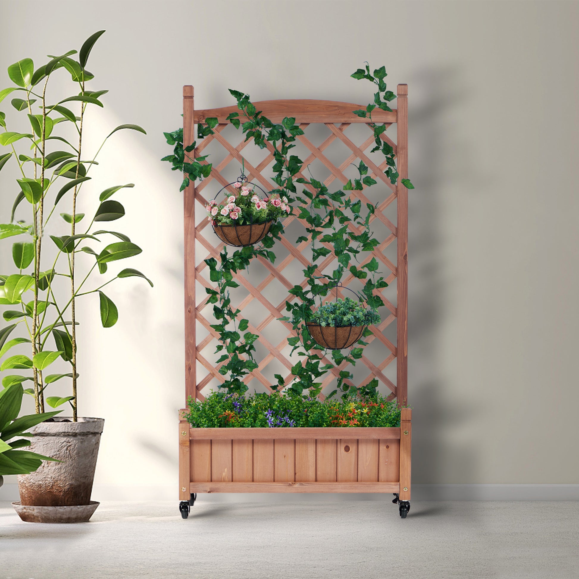 wood planter raised bed with trellis Raised Garden Bed With Trellis 2 Pack, Outdoor Wooden Planter Box & Pl