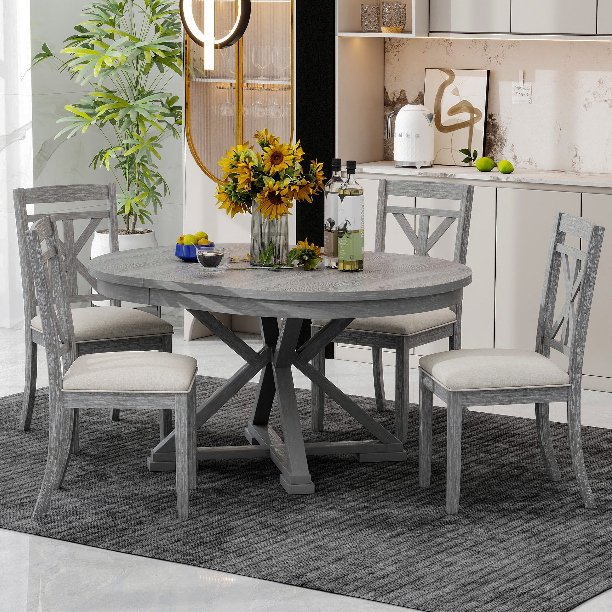 5 Piece Retro Functional Dining Table Set Extendable Round Table And 4 Upholstered Chairs For Dining Room And Living Room Grey Grey Solid Wood