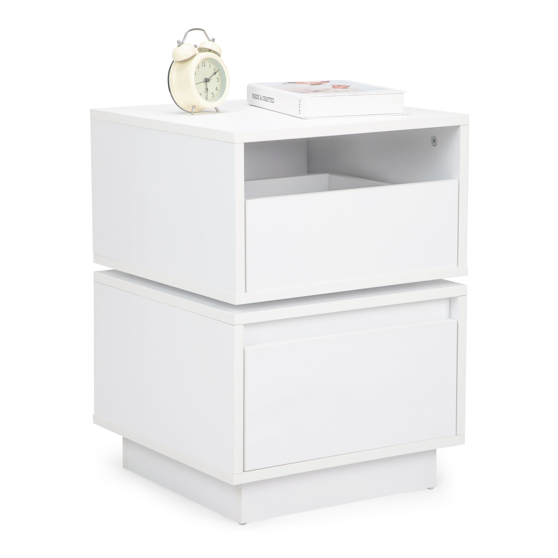 Rotatable Nightstand End Table, Bedside Table With 2 Drawers, 2 Drawer Dresser For Bedroom, Closet, Entryway, College Dorm, White White 2 Drawers Bedroom Bedside Cabinet Artsy,Classic Space Saving Particle Board