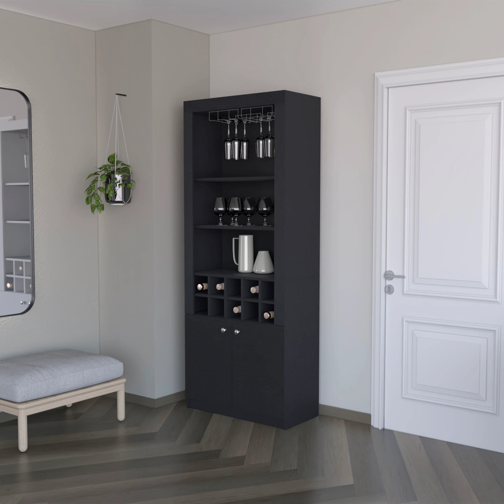 Black Bar Cabinet With Wine Storage And Three Shelves Standard Black Shelves Included Wood