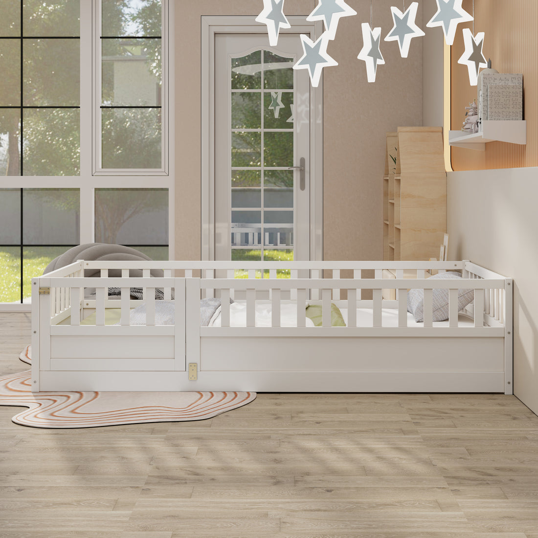 Twin Size Floor Bed, Integral Construction With Super High Security Barrier, Door, Children'S Floor Bed Frame, Montessori Wooden Children'S Floor Bed, Support Slat White Box Spring Required Twin White Wood Brown Bedroom American Design,Artsy Pine Bed