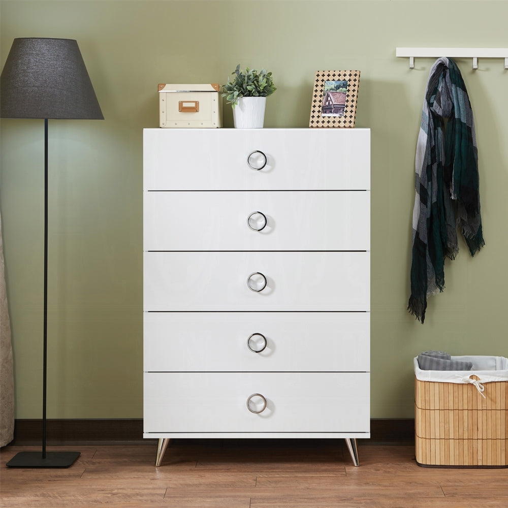 White 5 Drawer Chest With Ring Pull Handles White Bedroom Contemporary Particle Board Mdf