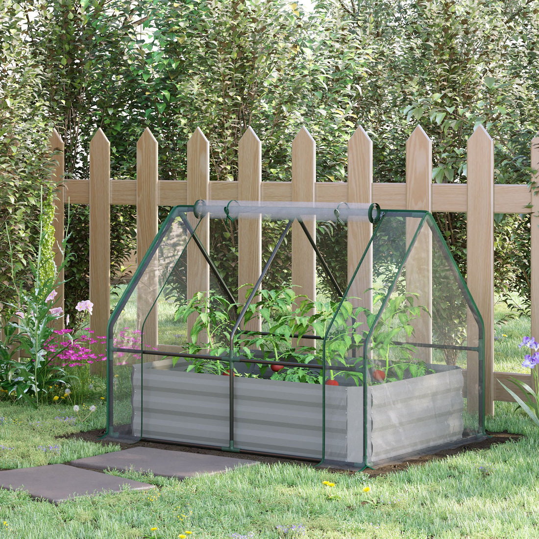 Outsunny 4' X 3' Galvanized Raised Garden Bed With Mini Pvc Greenhouse Cover, Outdoor Metal Planter Box With 2 Roll Up Windows For Growing Flowers, Fruits, Vegetables And Herbs, Clear Clear Pvc