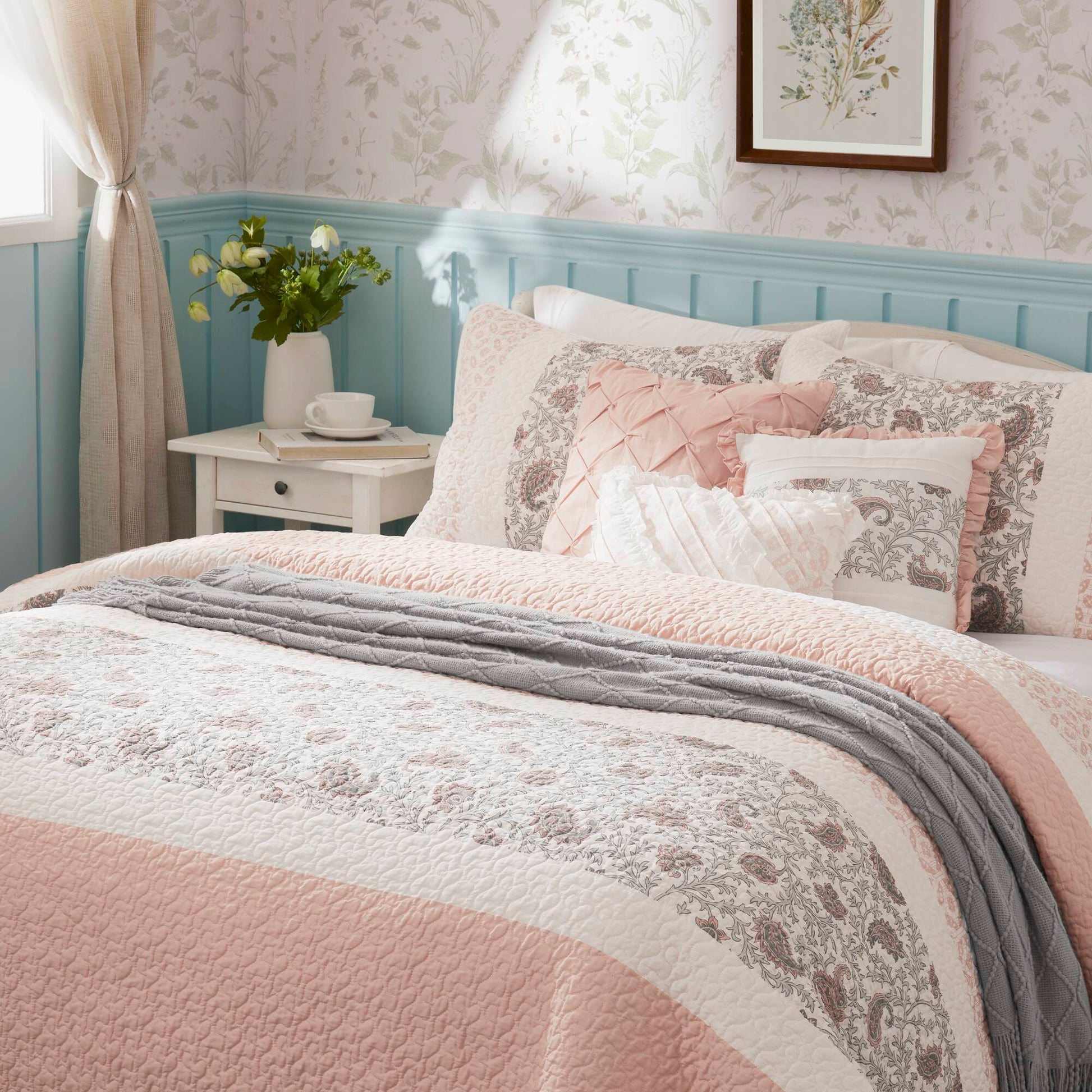 6 Piece Cotton Percale Quilt Set With Throw Pillows Blush Full Queen Full Blush Polyester