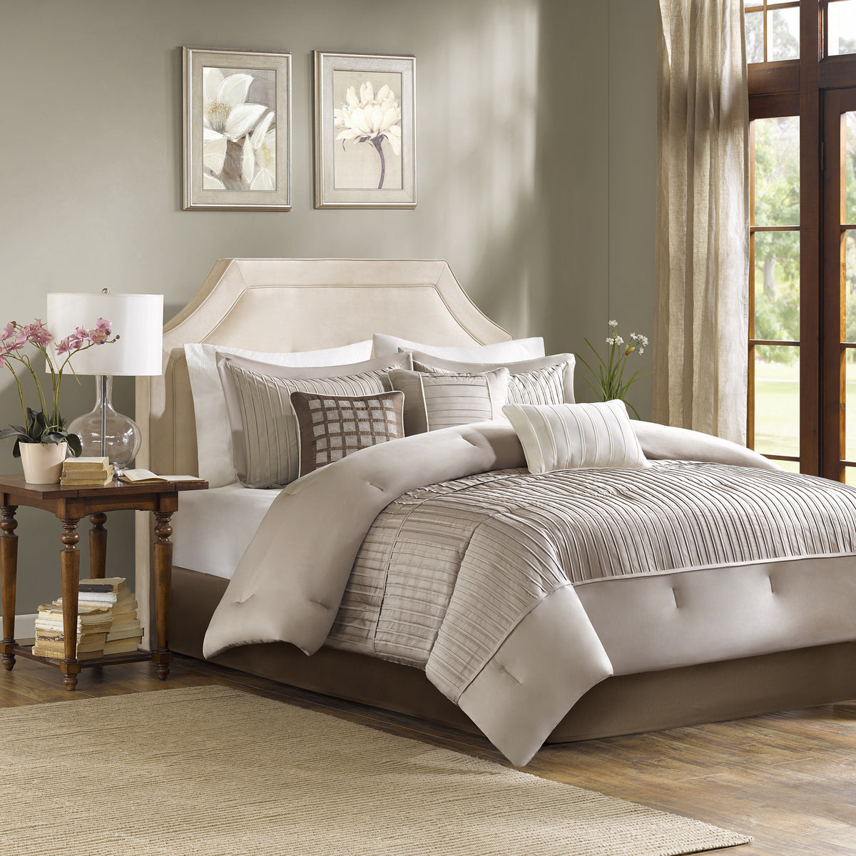 7 Piece Polyester Charmeuse Comforter Set Taupe Queen Queen Taupe Polyester