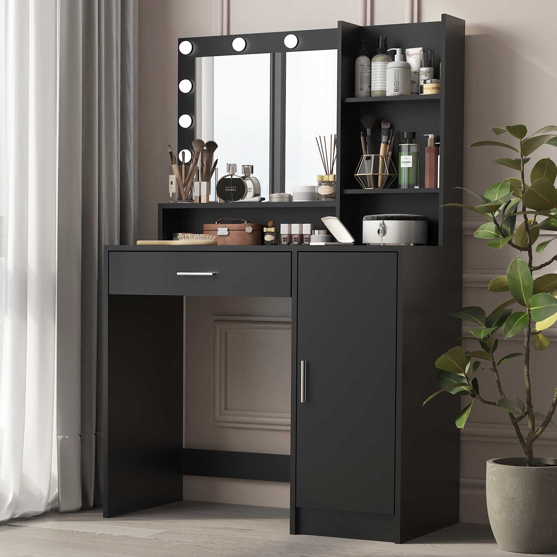 Vanity Desk With Mirror & Light, Large Drawer Three Level Storage Dresser, 3 Lighting Modes Adjustable Brightness, Bedroom Dressing Table Black Black Particle Board