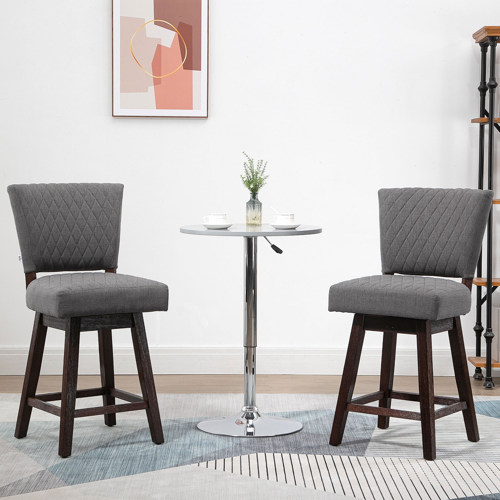 Homcom Counter Height Bar Stools, Set Of 2, Swivel Barstools 26.5 Inch Seat Height With Back, Rubber Wood Legs And Footrests, For Kitchen Dining Room Pub, Grey Grey Polyester