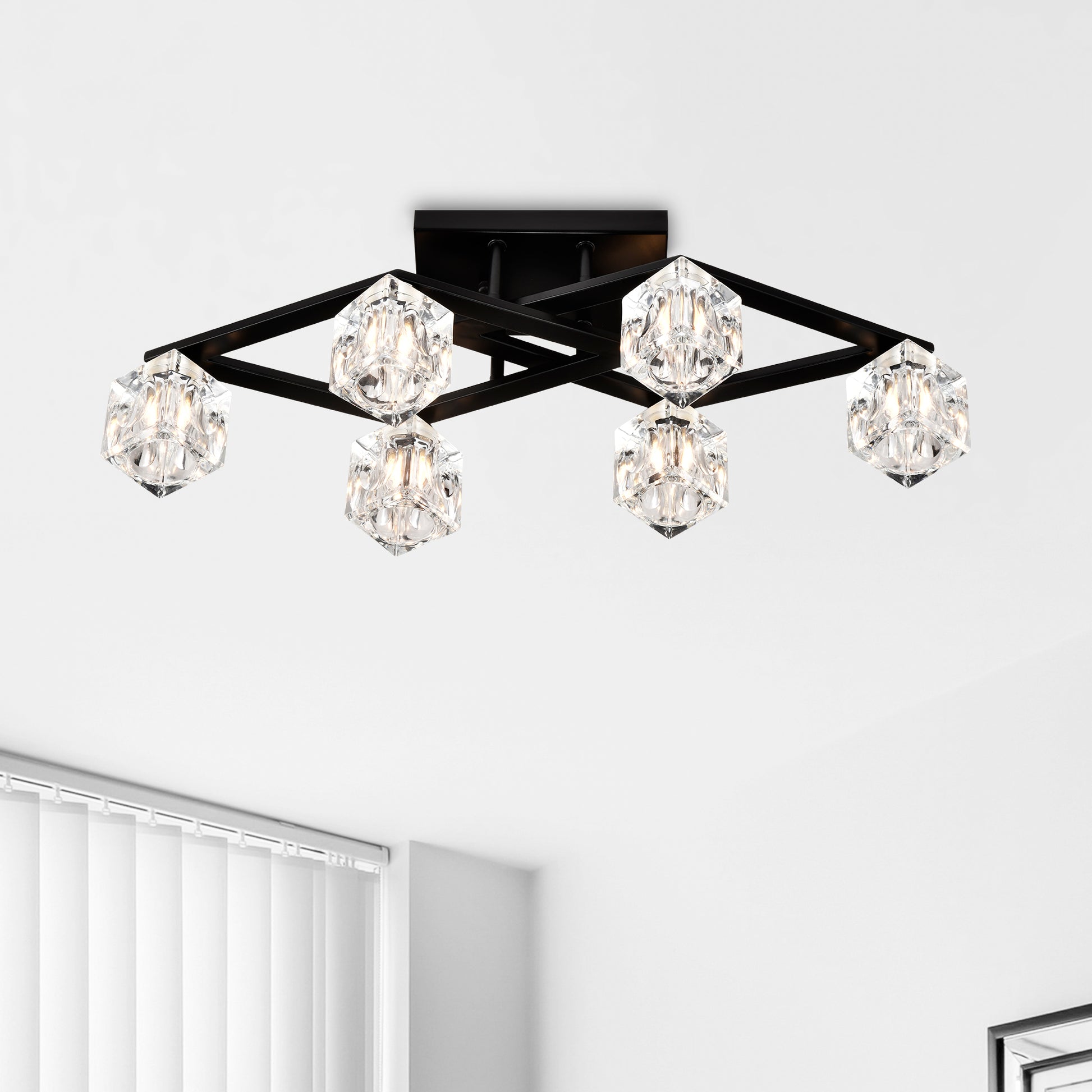 6 Light Crystal Ceiling Light For Dining Room, Modern Ceiling Lamp With Light Fixture For Farmhouse Entryway Living Room 6*G9 Bulbs Included Matte Black Ceiling Lights American