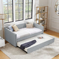 Twin Size Daybed With Trundle Upholstered Sofa Bed, With Vertical Stripes, Linen Fabric, Grey 82.5