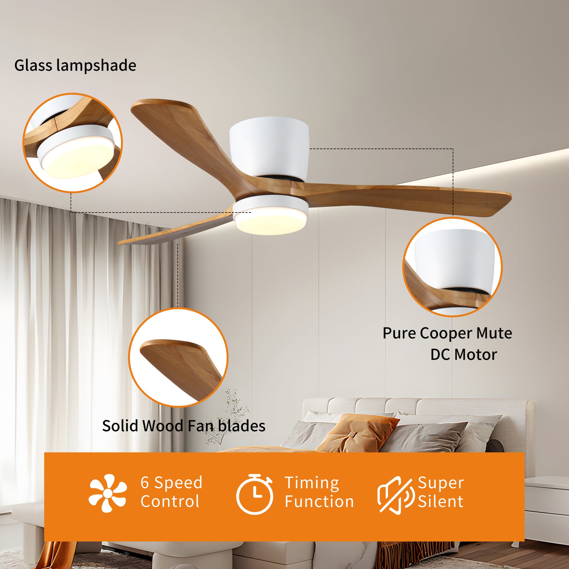 42 Inch Brushed Nickel Ceiling Fan With Light - Low Profile Flush Mount With Remote & Dimmable LED