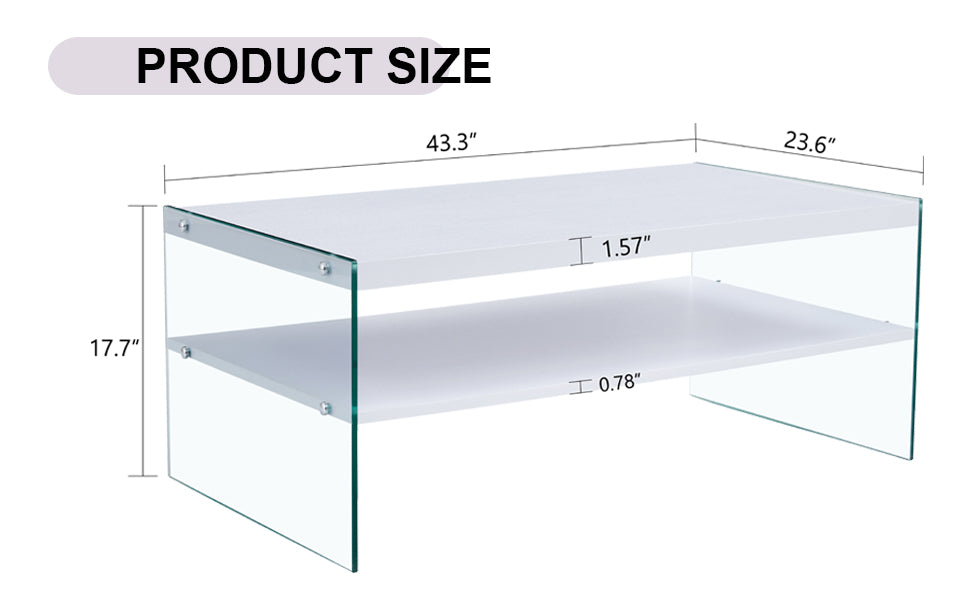 Double Rectangular Coffee Table. The Board Surface Is Mdf, With White Stickers, And Both Sides Are Transparent Tempered Glass. Suitable For Living Room, Bedroom And Other Occasions. White Mdf Glass