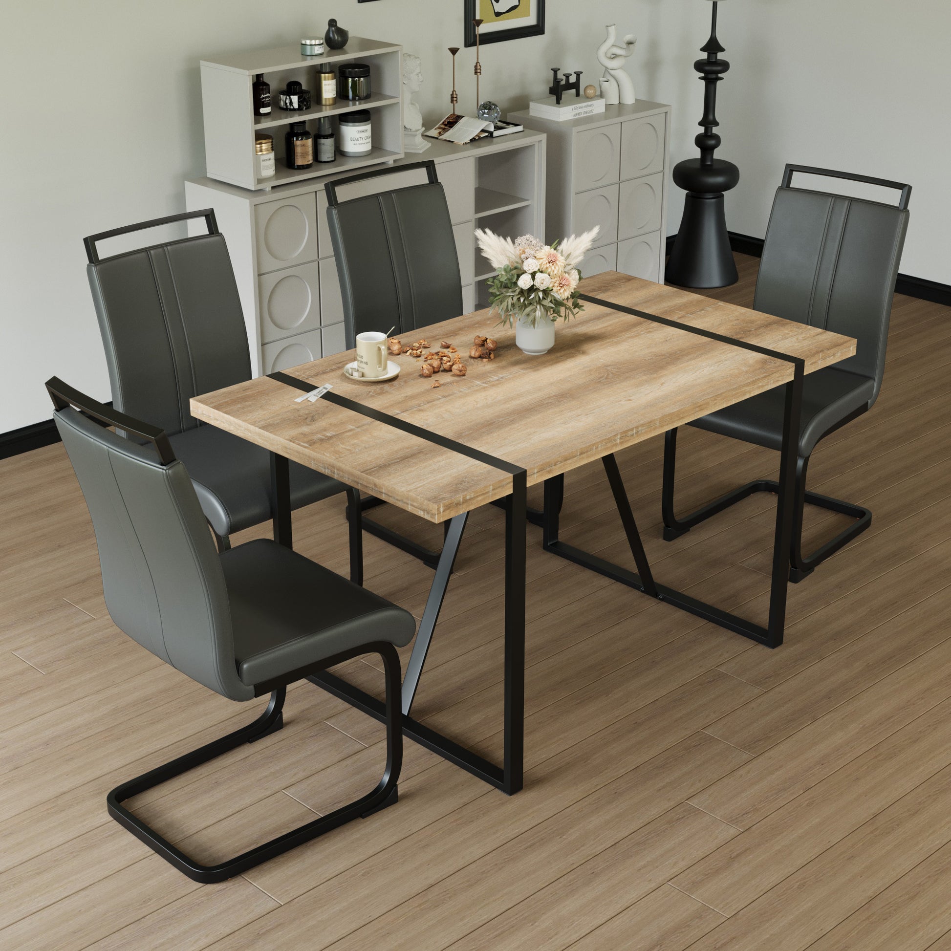 55 " Rural Industrial Rectangular Mdf Wood Dining Table Set And Pu Armless Dining Chair Set 4,Kitchen Black Metal Table Legs Dining Table And Chair Set Wood Seats 4 Mdf