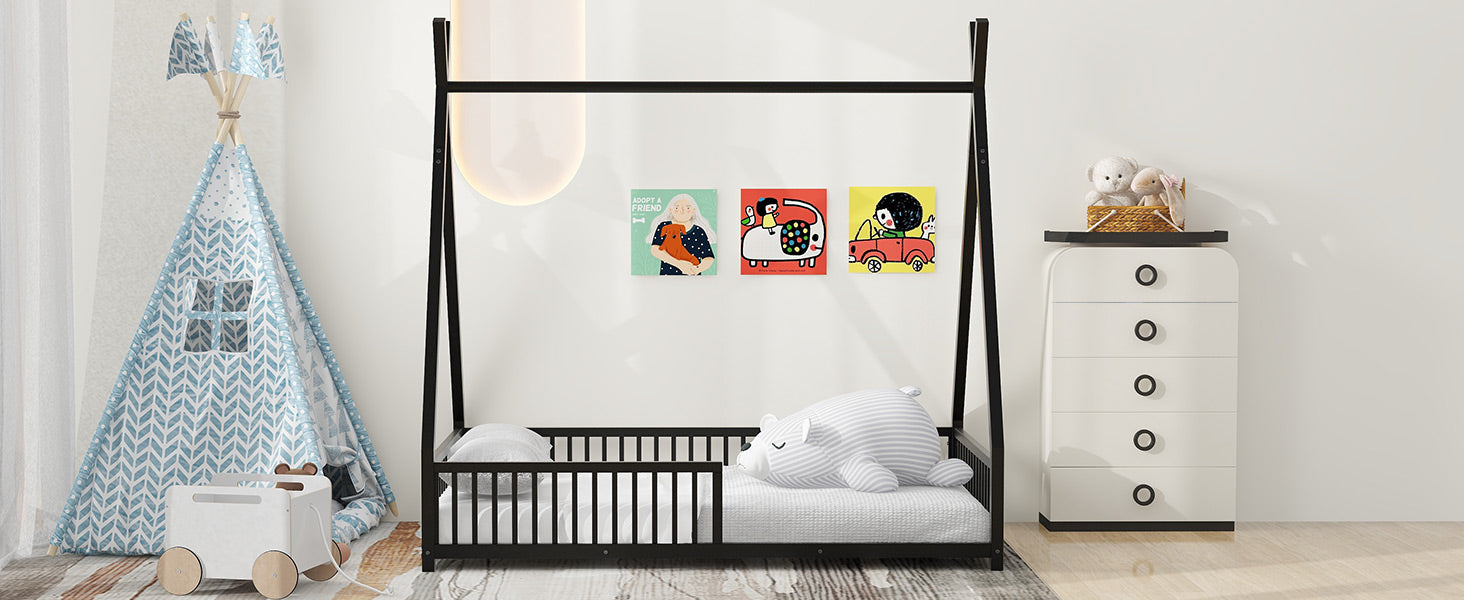 Metal Twin Size House Platform Bed With Triangle Structure And Guardrail, Black Box Spring Not Required Twin Black Metal Metal