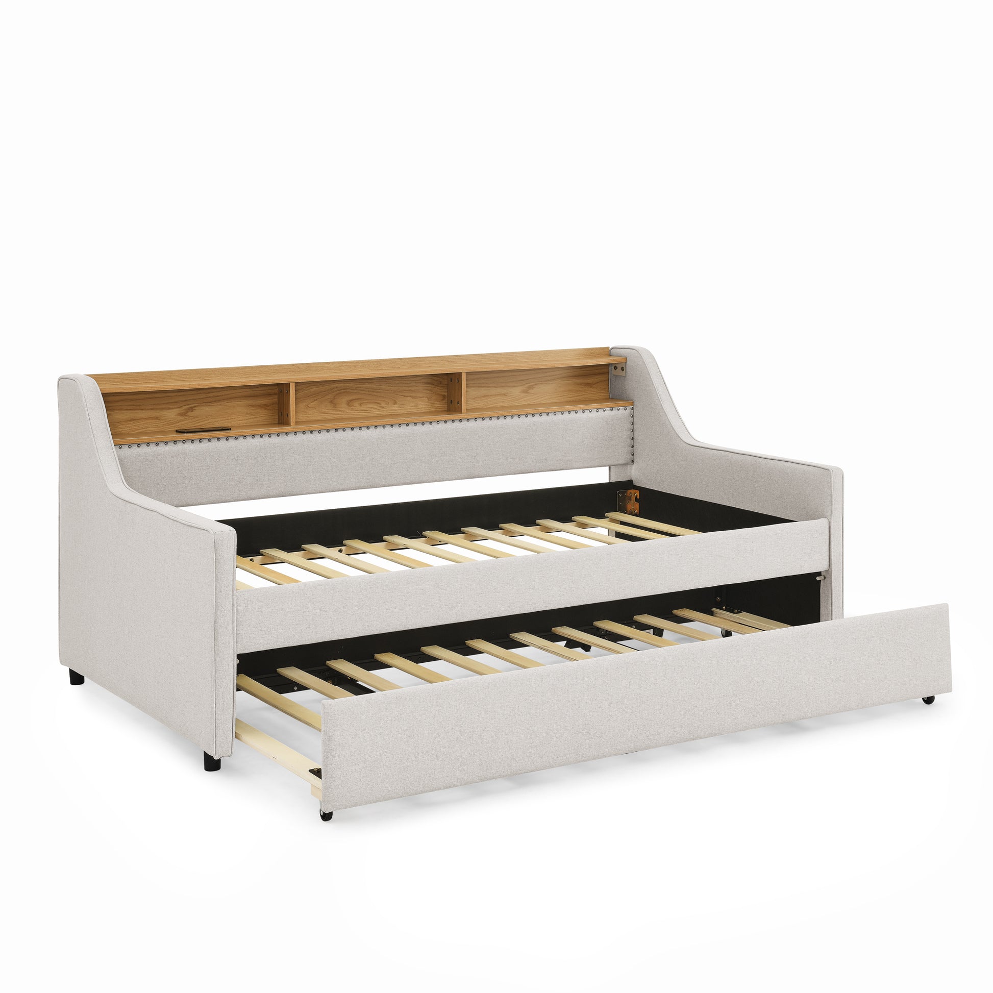 Twin Size Upholstery Sofa Bed With Three Led Lights, With Storage Adjustable Headboard, With Foldable Leg Pull Up Trundle Bed And Wireless Charging, Linen Padded Sofa Bed Frame, Beige Box Spring Not Required Twin Beige Composite Bedroom Classic