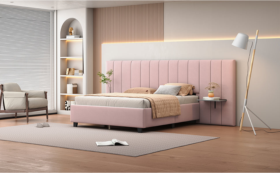 Queen Size Upholstered Platform Bed With Big Headboard, Bedroom Furniture, Velvet, Pink Queen Pink Plywood