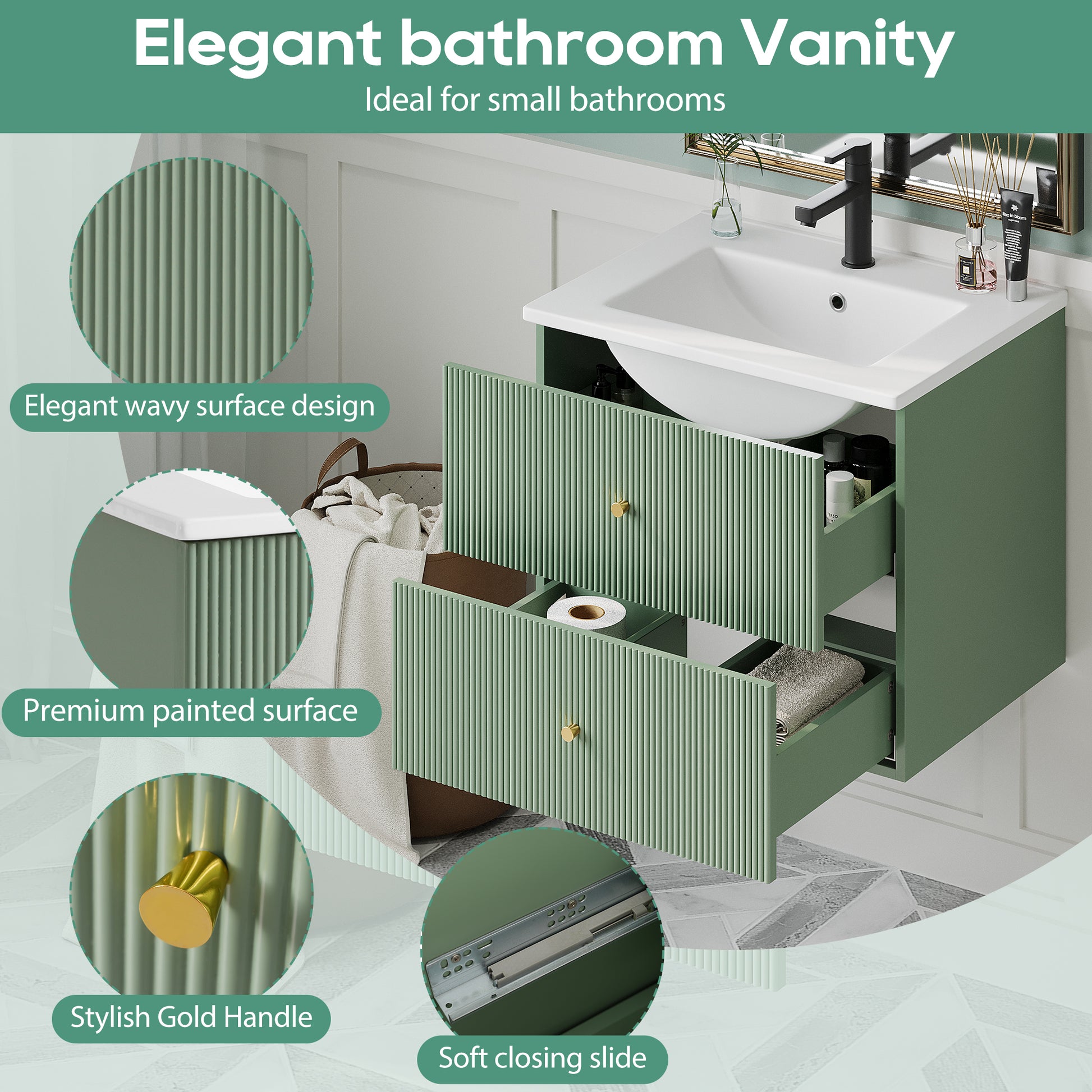 24 Inch Wall Mounted Bathroom Vanity With 2 Drawers Ideal For Small Bathrooms Green Bathroom Mdf