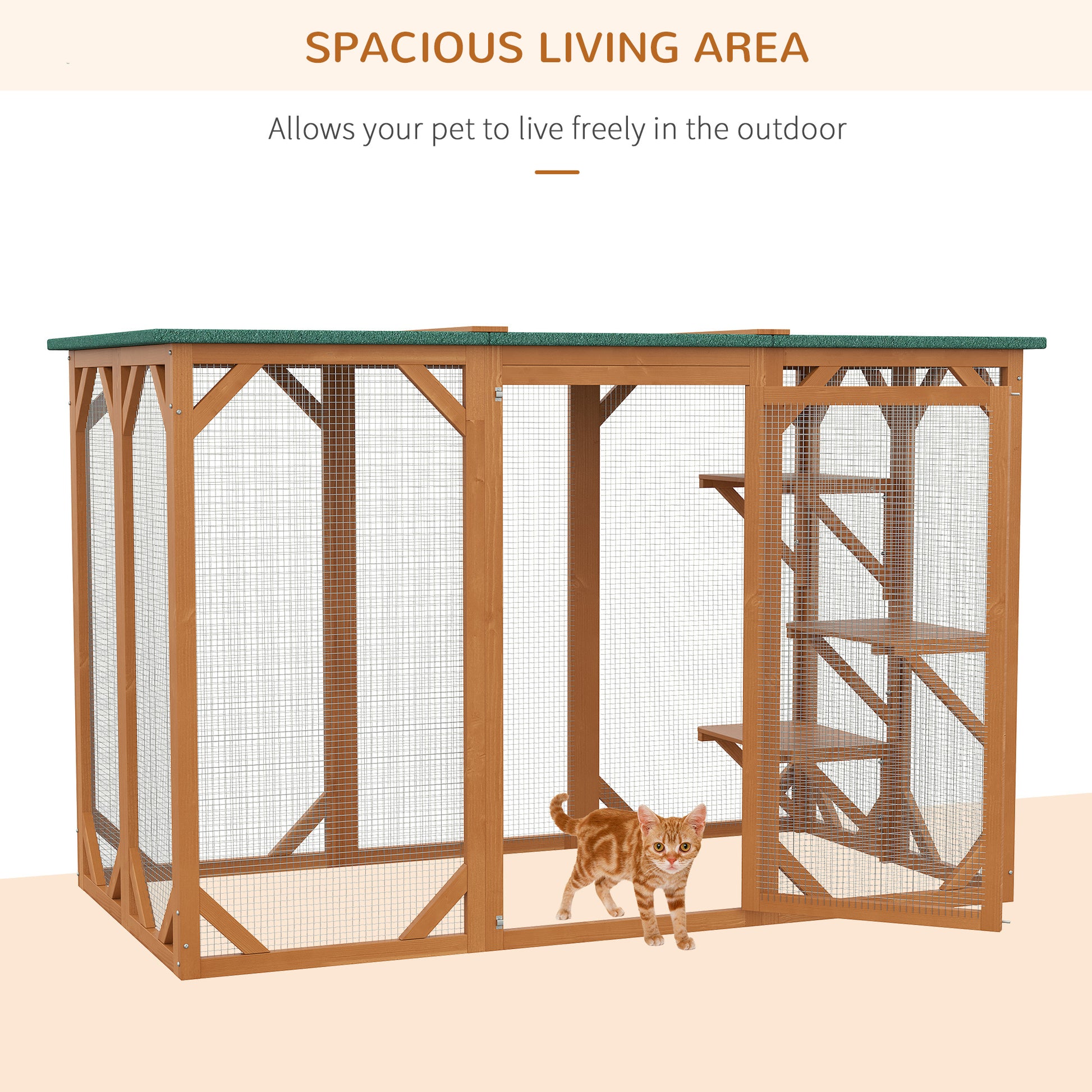 Pawhut Outdoor Cat House, Catio Wooden Feral Cat Shelter, Cat Cage With Platforms, Large Enter Door, Weather Protection Asphalt Roof, 71" L, Orange Orange Wood