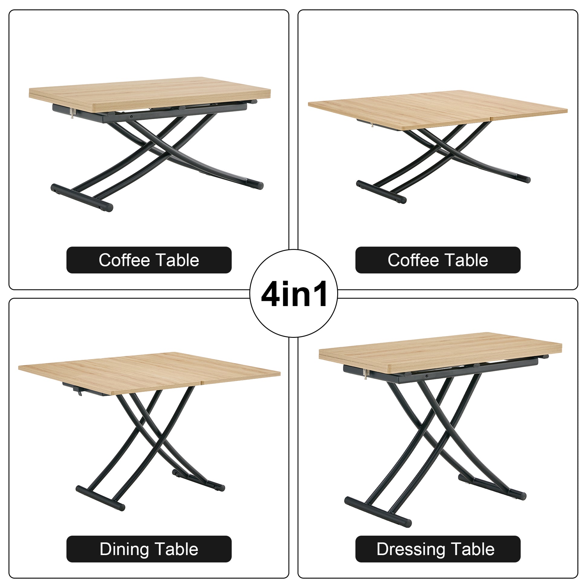 Modern Minimalist Multifunctional Lift Table With 0.8 Inch Mfc Tabletop And Black Metal Legs, Can Be Used As Dressing Table, Coffee Table, Dining Table, And Office Desk. Lt 10055 Black Iron