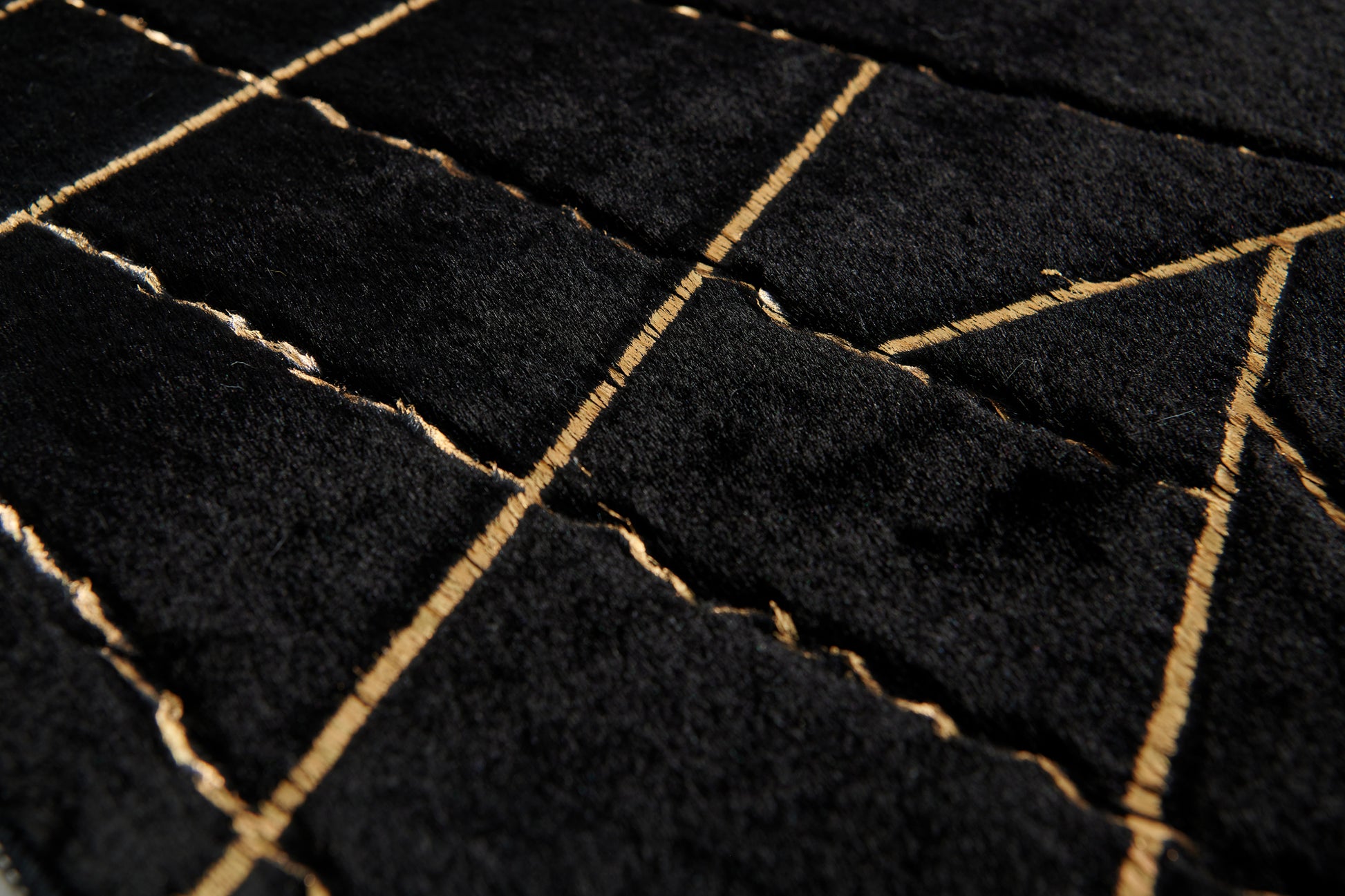 Luxury Machine Washable Black Geometric Abstract Gold Gilded Chinchilla Faux Fur Area Rug Black Gold Polyester