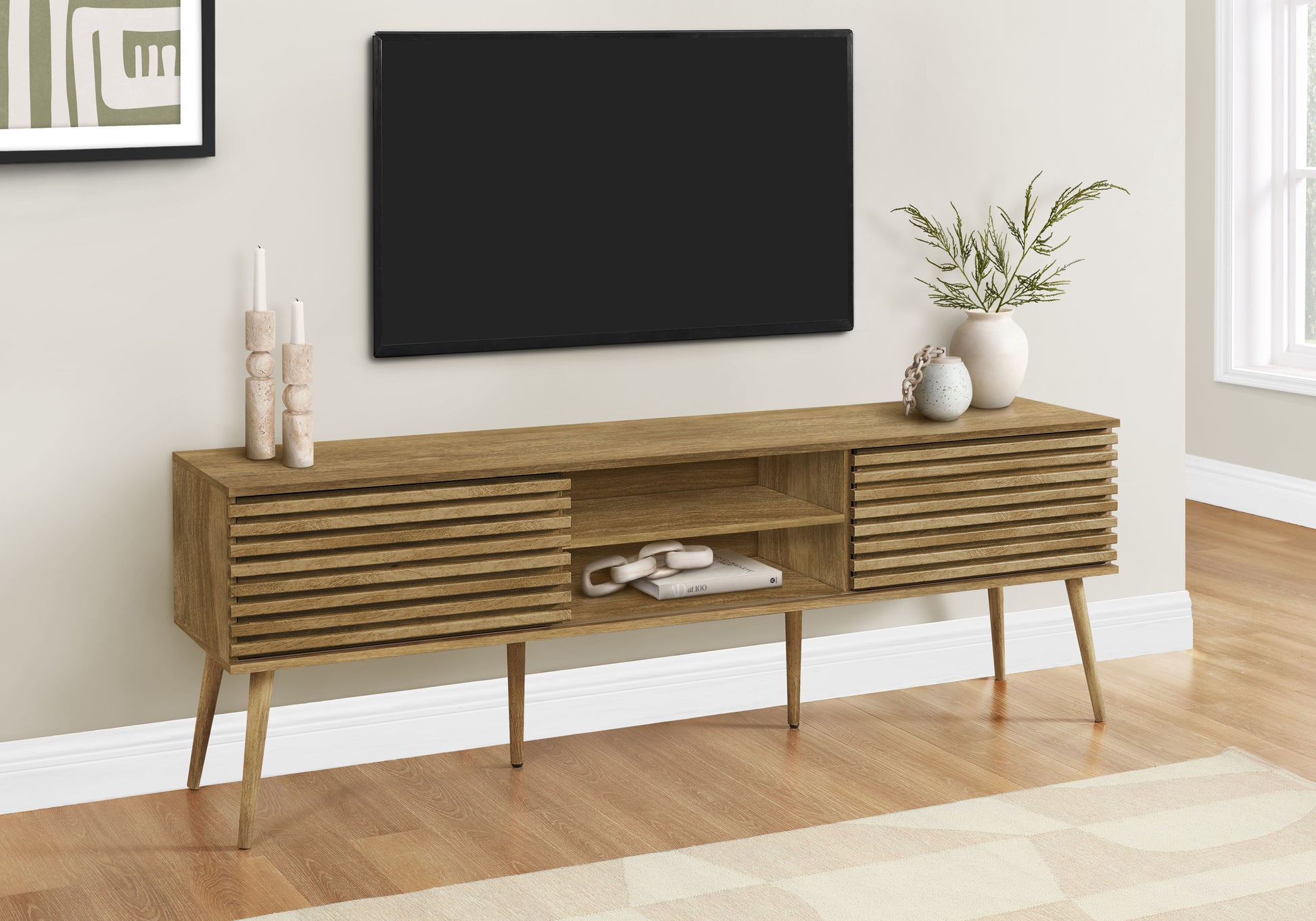 Tv Stand, 72 Inch, Media Entertainment Center, Storage Cabinet, Console, Storage Shelves, Bedroom, Living Room, Walnut Laminate, Contemporary, Modern Walnut 80 89 Inches Particle Board