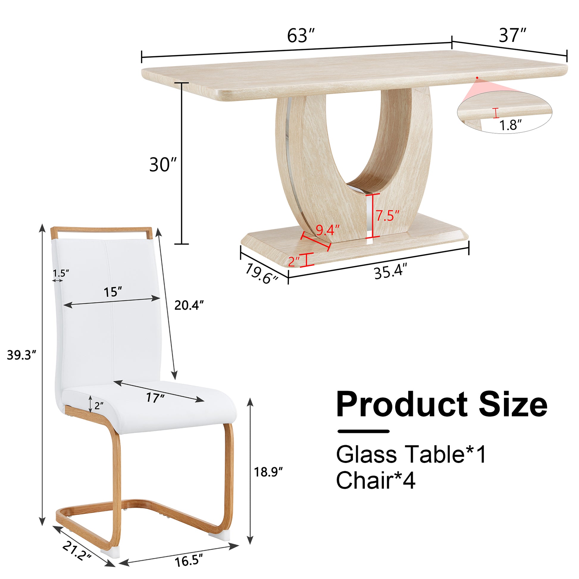 Table And Chair Set. Modern Minimalist Luxury Mdf Rectangular Dining Table With Textured Stickers On The Table And 4 Pu Synthetic Leather High Back Upholstered Side Chairs. White Seats 4 Mdf