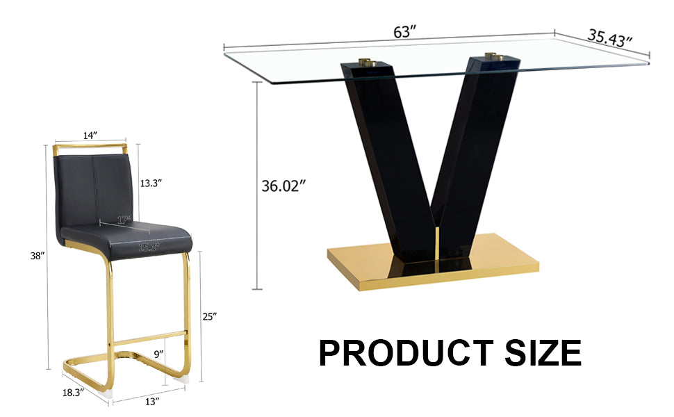 Table And Chair Set,Clear Tempered Glass And Black Legs Of The Table, Pu And Gold Legs Of The Chair Black Seats 4 Tempered Glass