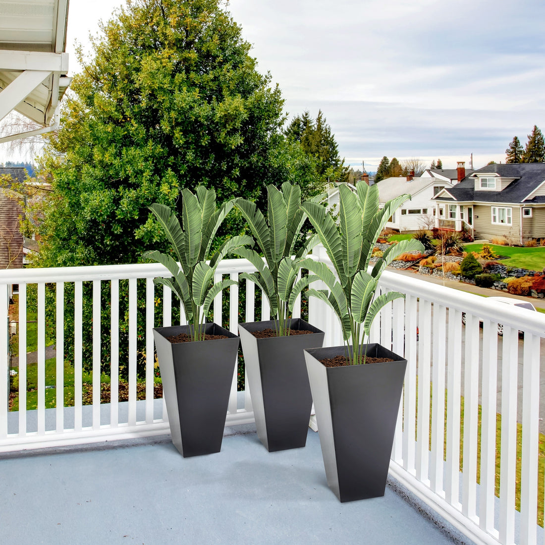 Outsunny Set Of 3 Tall Planters With Drainage Hole, 28" Outdoor Flower Pots, Indoor Planters For Porch Patio And Deck, Black Black Polypropylene