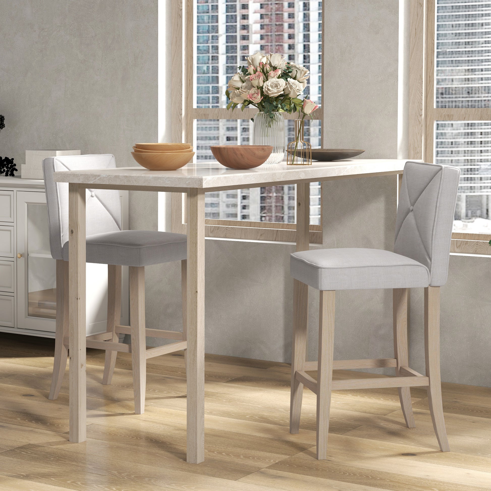 Homcom Modern Bar Stools Set Of 2, Upholstered Bar Height Kitchen Stools With Build In Footrest, Solid Wood Legs, Beige Beige Polyester