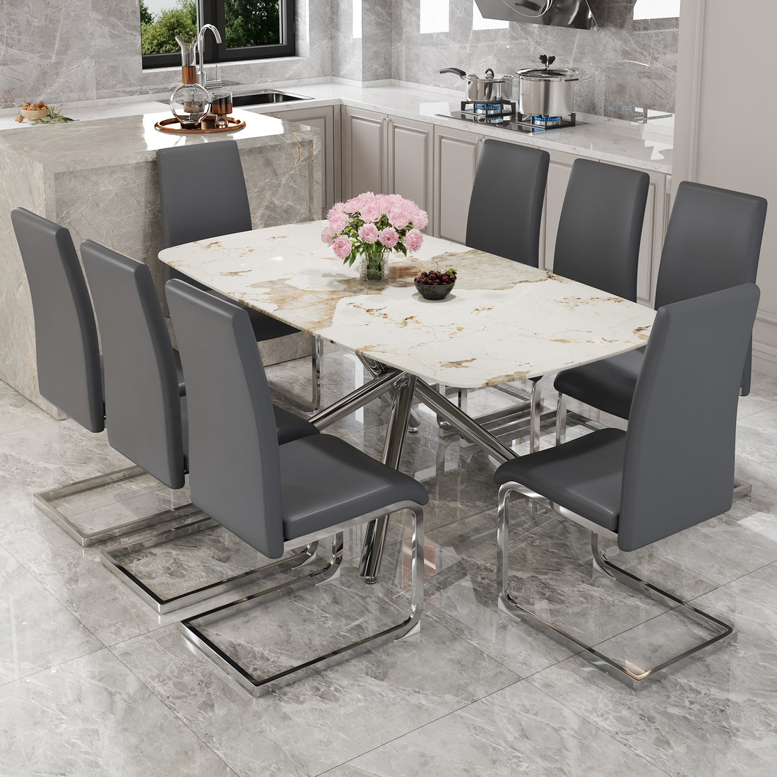 Table And Chair Set, Large Modern Minimalist Rectangular Dining Table, 0.39 "Imitation Marble Tabletop And Silver Metal Legs, Soft Leather Seats. F 1537 Silver Glass Metal