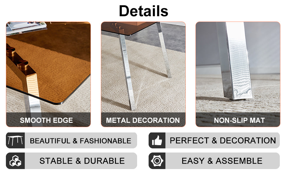 Table And Chair Set. Large Modern Rectangular Table With Brown Glass Top And Silver Metal Legs. It Comes With Soft And Comfortable Pu Seats, Faux Leather Upholstered Seats And Silver Metal Legs. Black,Brown Seats 4 Glass Metal