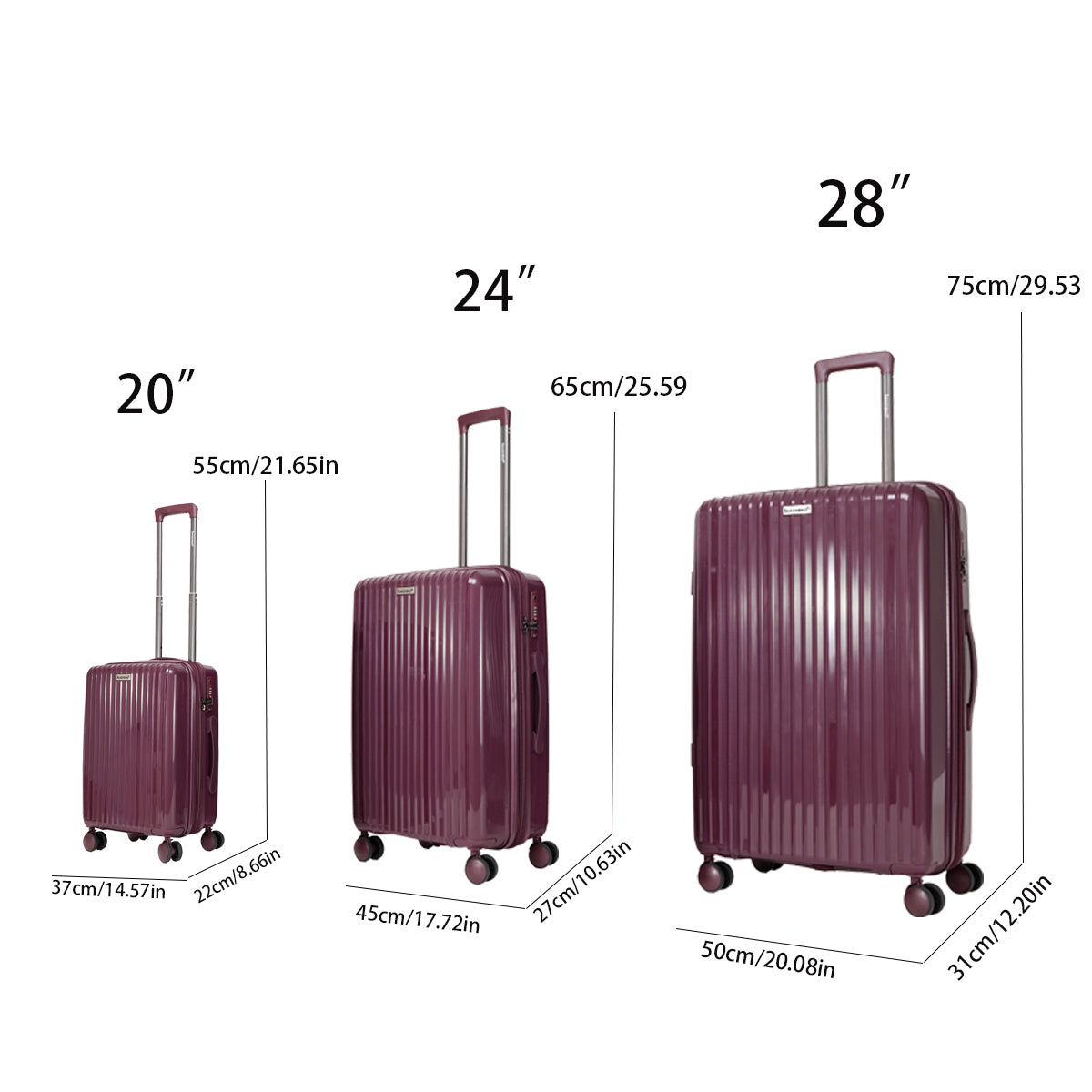 Expandable Luggage Sets 3 Piece,Luggage Set Pp Material Travel Suitcase Set With Spinner Wheels For Men Women, 20'' 24'' 28'' Dark Purple Polypropylene