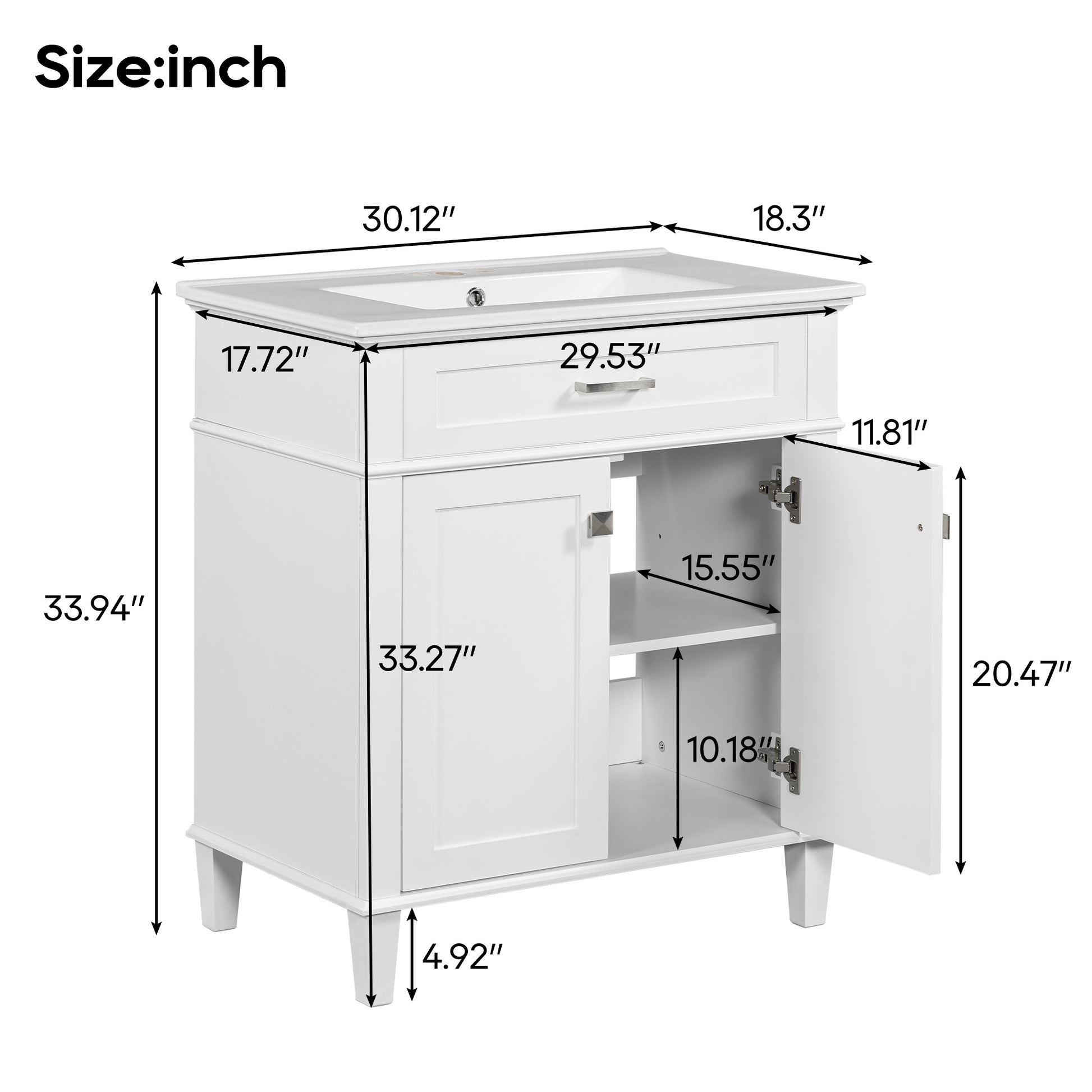 30 Inch Bathroom Vanity With Ceramic Basin, Soft Close Door And Adjustable Shelves White Bathroom Solid Wood Mdf