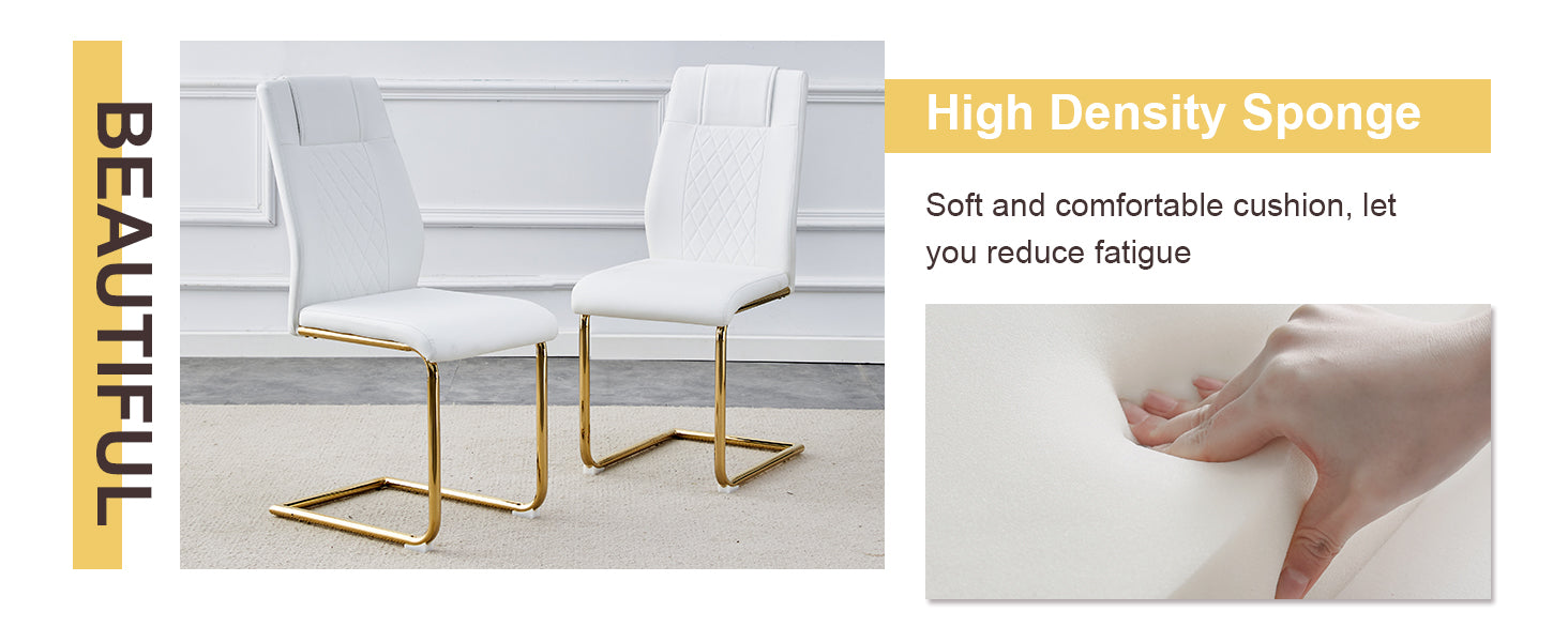 Table And Chair Set.A Modern Minimalist Style Round Clear Tempered Glass Table With Metal Legs.Paried With White Chairs With Modern Pu Leather High Back Upholstered And C Tube Golden Legs. Transparent Seats 6 Glass